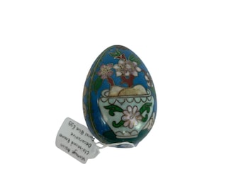 Vintage Chinese Cloisonné Egg Blue Floral Enamel Decorative Figurine Miniature Asian Decor