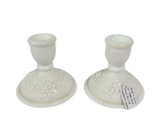 Vintage Imperial Glass Milk Glass Candlestick Holders Pair Grape Leaf Pattern White Candle Holders Mid Century - Wedding Bridal Milk Glass