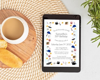 May include: A tablet displays a birthday invitation with the text "Samantha's 30th Birthday." A cup of coffee and bread sit on a wooden board. The scene is set on a woven mat with a plant in the background.