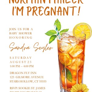 May include: Baby shower invitation with text "Norman Mailer I'm Pregnant!" and details for Sandra Seyler's shower. Features a watercolor illustration of a cocktail with ice, lemon, mint, and a daisy.