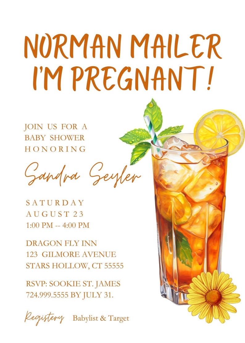 May include: Baby shower invitation with text "Norman Mailer I'm Pregnant!" and details for Sandra Seyler's shower. Features a watercolor illustration of a cocktail with ice, lemon, mint, and a daisy.