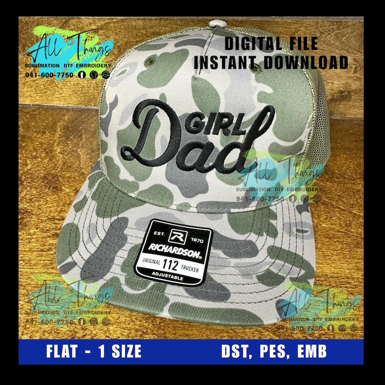 May include: A camouflage trucker hat with the words "Girl Dad" embroidered in black script. The hat features a mesh back and an adjustable strap. The Richardson brand label is visible.