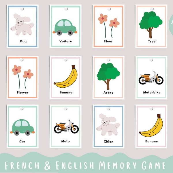 French/English Memory Game | Toddler Learning | Educational Games | Montessori Materials | Bilingual Children | Learn French
