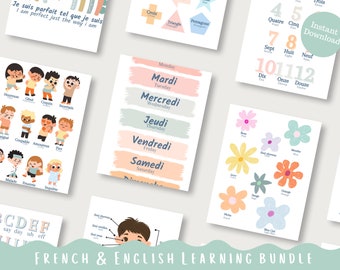 Ensemble d'apprentissage du français vers l'anglais | Affiches de français de classe | Éducatif | Matériel Montessori | Enfants bilingues | Tout-petits | Pastel