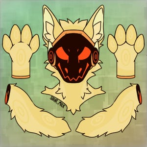 May include: Digital art of a stylized, anthropomorphic character with a light yellow fur color. The character has a black and orange face mask, large ears, and paw pads. The image includes the character's head, paws, and tail.