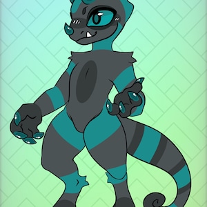 May include: A digital illustration of a bipedal creature with dark gray and teal striped fur, featuring two horns on its head, large teal eyes, sharp claws on its hands and feet, and a long, curved tail with alternating dark gray and teal bands.