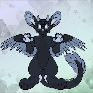 Pode incluir: Ilustração de desenho animado de uma criatura azul escura semelhante a um dragão com orelhas grandes, asas e uma cauda longa. A criatura tem detalhes em azul claro nas patas, asas e cauda. O fundo é um gradiente de azul e verde com formas de estrela.