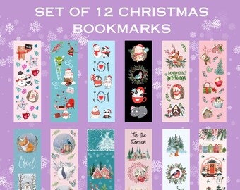 Peut inclure: Ensemble de 12 marque-pages de Noël imprimables numériques avec différents thèmes de fêtes d'hiver, notamment des pingouins, des bonhommes de neige, des rennes et des maisons. Les marque-pages sont de différentes couleurs, notamment le rose, le bleu, le vert et le rouge.