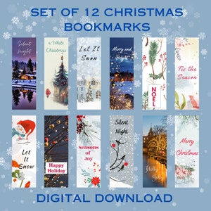 Set van 12 kerstbladwijzers, winterbladwijzers, digitale afdrukbare bladwijzers om thuis te downloaden en af te drukken, direct downloaden