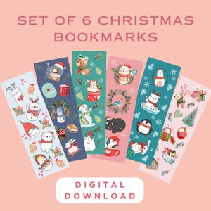 Set of 6 Christmas Bookmarks, Festive Winter Holiday Bookmarks, Digital Printable Bookmarks to Download and Print at Home, Instant Download