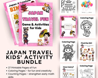 May include: A pink and white printable activity bundle for kids featuring a Japanese theme. The bundle includes colouring pages, counting pages, find the item pages, and a Japan travel bingo game. The bundle is illustrated with images of a pagoda, a samurai, a girl in a kimono, a raccoon dog, and a fox.