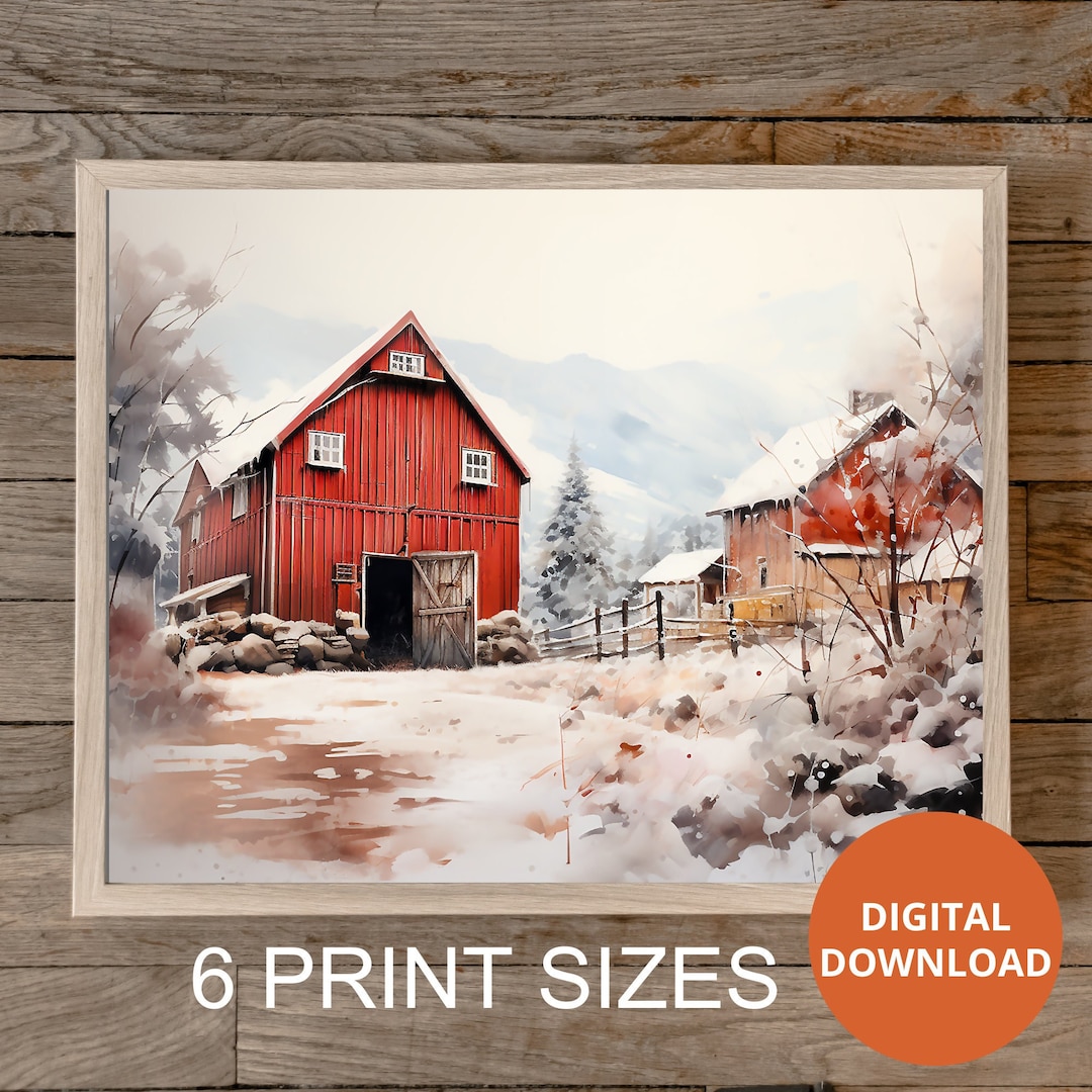 Rustic Red Barn Snowy Winter Scenery Wall Print, Winter Wonderland Wall ...