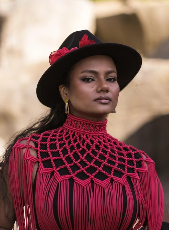 Red Macrame Dress Handmade | Boho Lace Festival Dress | Openwork Crochet Style Polyester Dress