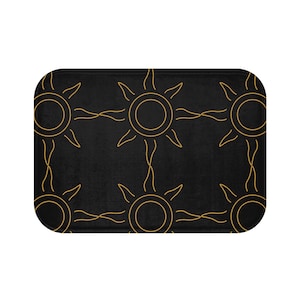 Gold Suns Black Bath Mat, Sunburst Pattern, Bathroom Rug, Non-Slip, Soft and Absorbent, Stylish Design
