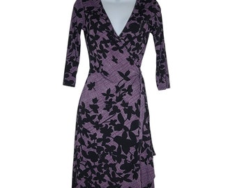 Vintage BCBG Wrap Dress XS Black Purple Floral 3/4 Sleeve V-Neck Y2K