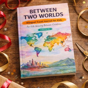 May include: A travel journal titled "BETWEEN TWO WORLDS" for kids aged 8-16, with a colorful world map illustration. The journal is surrounded by ribbons, gift box, and decorative elements on a wooden surface.