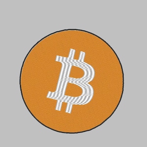 May include: A Bitcoin symbol embroidered on a round orange patch with a black border. The Bitcoin symbol is white and has a textured, wavy appearance. The background is a solid light gray.