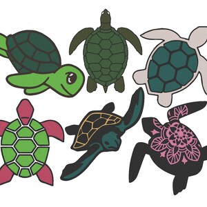 May include: Six different colored turtle illustrations. The turtles are all facing forward with their heads up. The turtles are all different colors, including green, blue, pink, and black.