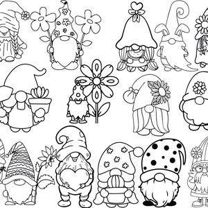 May include: A collection of black and white illustrations of garden gnomes. The gnomes are depicted in various poses, some holding flowers, a sign, or a heart. Each gnome has a unique hat and beard design.