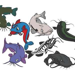 May include: A collection of cartoon catfish illustrations in various colors, including green, blue, purple, gray, and black. One catfish is depicted as a skeleton. Each fish has whiskers and is set against a white background.