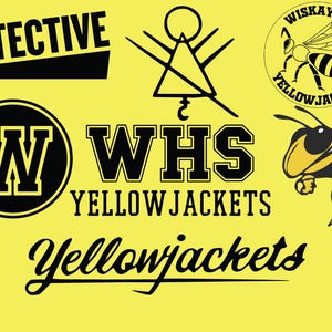 May include: Black and yellow graphic design with the text "Yellow Jackets" and a stylized bee mascot. The design also includes a circle with the letter "W" inside, a circle with the text "Wisakoy Yellow Jackets" and a bee inside, and the text "WHS Yellow Jackets".