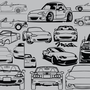 Puede incluir: Ilustraciones en blanco y negro de un coche deportivo Miata en varias vistas, incluyendo perfiles laterales, vistas frontal y trasera. La palabra "Miata" también se muestra en una fuente estilizada.