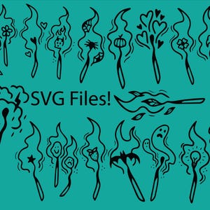 May include: A set of 18 black and white SVG files featuring various whimsical designs of burning matches with different objects on top of the flames. The text "SVG Files!" is written in black on a teal background.