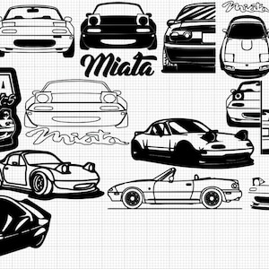 May include: A collection of black and white line art illustrations of a Mazda Miata sports car. The illustrations show the car from different angles, including front, side, and rear views. The text "Miata" appears in the image.