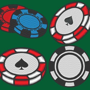 May include: Four embroidered casino chips with black, red, and white designs. Two chips feature a spade symbol, one chip is blue, and one chip is white.