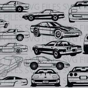 Könnte beinhalten: Eine Sammlung von Schwarz-Weiß-Vektorillustrationen klassischer Sportwagen. Verschiedene Perspektiven sind dargestellt, darunter Seitenansichten, Frontansichten und Heckansichten. Die Autos haben schlanke, aerodynamische Designs mit sichtbaren Rädern und Fenstern.