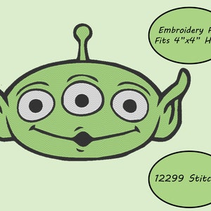May include: Green alien embroidery design with three eyes and a smile. The design is for a 4" x 4" embroidery hoop and has 12299 stitches.