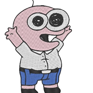 May include: A cartoon character with pink skin, large eyes, and a wide mouth. The character is wearing a white shirt with a button-up collar and blue pants. The character is smiling and has its arms raised in the air.