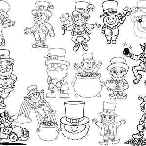 May include: Black and white line art illustrations of leprechauns in various poses. Some are holding pots of gold, others are holding shamrocks, and some are wearing hats. The illustrations are perfect for coloring pages or crafts.