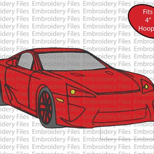 Puede incluir: Diseño de bordado de coche rojo, adecuado para aros de bordado de 10 cm. El diseño presenta un contorno detallado de un coche deportivo.