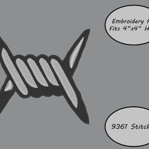 May include: Black and white embroidery design of barbed wire, suitable for a 4" x 4" embroidery hoop. The design has 9361 stitches.