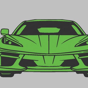 May include: A green sports car with black headlights and a black front bumper. The car is facing the camera.