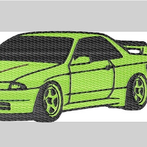 May include: A lime green car with black detailing. The car has a black interior and a black spoiler.