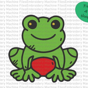 Pode incluir: Design de bordado de sapo verde com um coração vermelho, adequado para um aro de bordado de 10 cm.  Fits 4" Hoop!