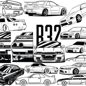May include: Black and white line art illustration of various sports cars, including coupes and sedans. The image features multiple views of the vehicles, showcasing their design and details. The word "R32" is prominently displayed in large, bold letters.