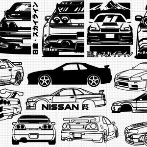 May include: A collection of black and white line art illustrations of a Nissan Skyline R34 car. The illustrations show different angles of the car, including the front, side, and rear. Some illustrations include text in Japanese, such as "Nissan" and "Skyline".