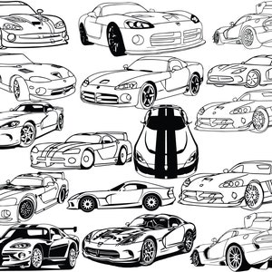 May include: A collection of black and white line drawings of Dodge Viper sports cars in various angles and poses. The drawings are detailed and show the car's sleek design and powerful engine.