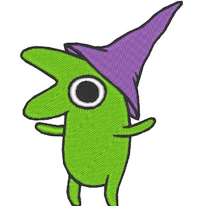 Może przedstawiać: Zielona postać z kreskówki z dużym okiem i fioletowym, spiczastym kapeluszem. Postać ma dwie ręce i dwie nogi i stoi z rozłożonymi ramionami.