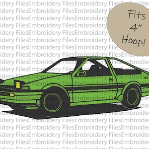 May include: Green sports car embroidery design. The design features a detailed illustration of a classic car with black accents. The text "Fits 4" Hoop!" is included in the design.