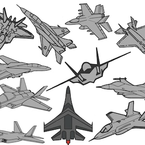 Op de afbeelding: Een verzameling van negen grijze en zwarte straaljagers in verschillende poses. De jets zijn getekend in een eenvoudige, cartoonachtige stijl.