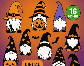 May include: A Halloween Gnome Bundle graphic with 16 designs. The image features various gnomes with different hats, beards, and pumpkin faces. The text "HALLOWEEN GNOME BUNDLE", "DIGITAL DOWNLOAD", and "SVG BUNDLE" are also included.