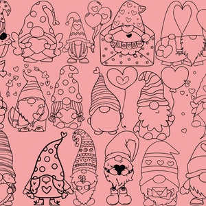 May include: A set of 16 black and white line art illustrations of gnomes with hearts, arrows, and other Valentine's Day themed elements. The gnomes are all wearing hats and have beards.