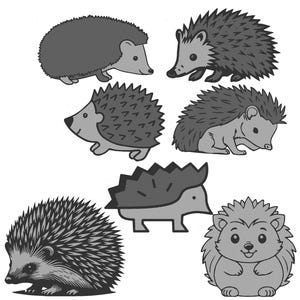 May include: A collection of seven grayscale illustrations of hedgehogs in various poses. Some hedgehogs are standing, others are curled up, and one has a simplified, cartoon-like design. The image is on a white background.