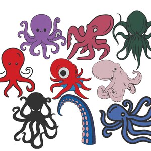 May include: A collection of nine colorful cartoon octopus illustrations. The octopus illustrations are in various poses and have different colored bodies, including purple, red, pink, blue, black, and green.