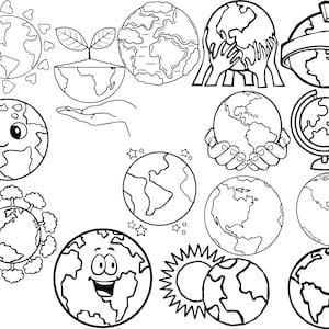 May include: A collection of black and white Earth illustrations. The images include globes with hearts, trees, and smiling faces. Some globes are held in hands, and one has an arrow circling it. The designs are suitable for Earth Day or environmental themes.