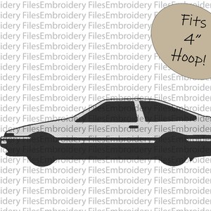 May include: Black and white car outline design. The image includes the text "Fits 4" Hoop!" in a tan circle. The car is a side profile of a coupe.